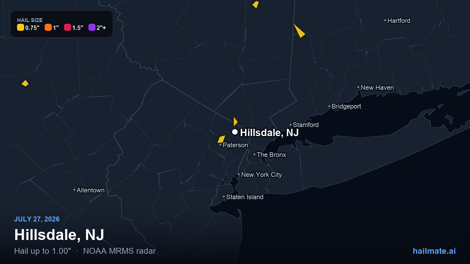 Hail swath map for Hillsdale, NJ on July 27, 2026 showing 1.00 inch hail.