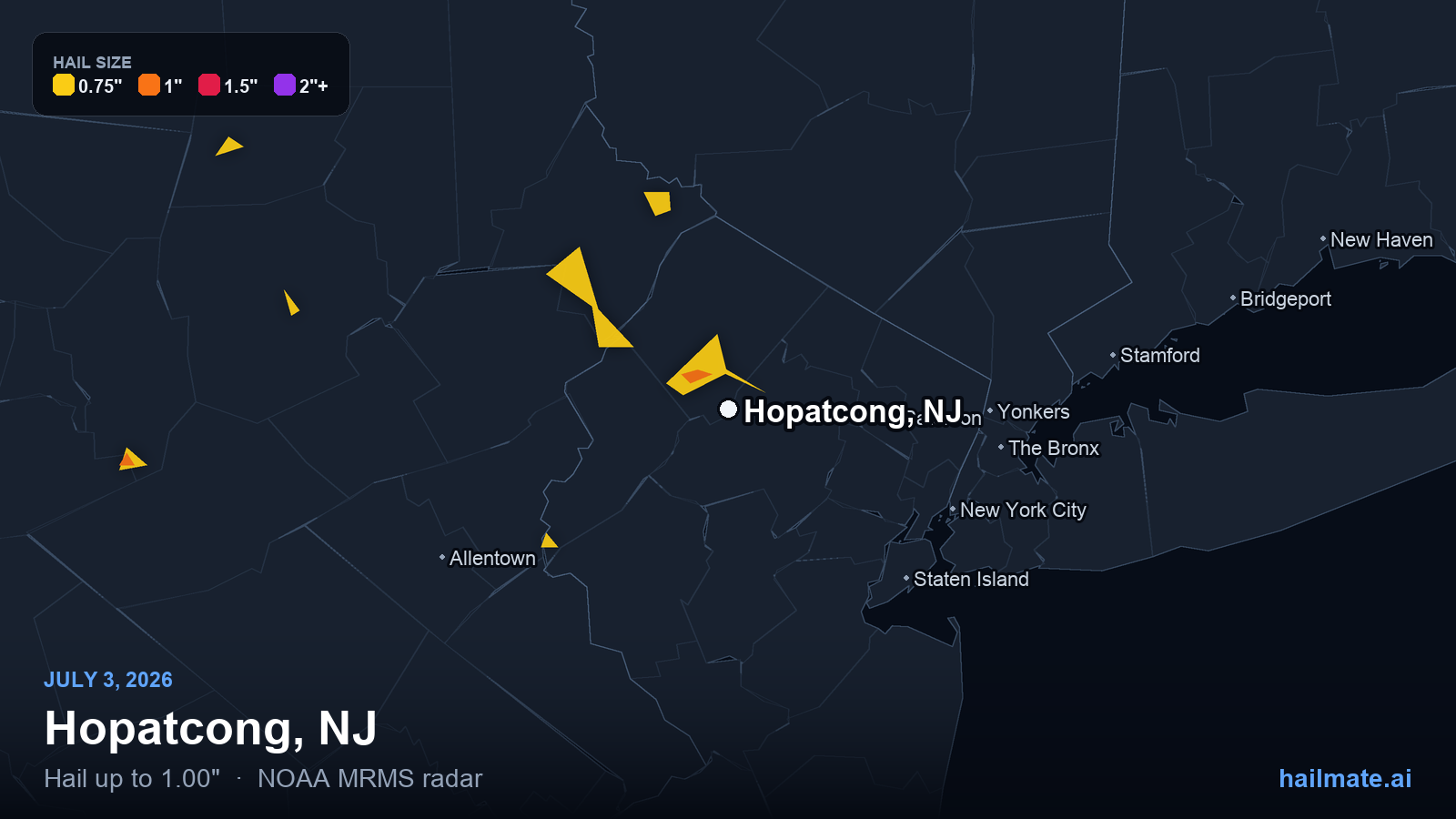 Hail swath map for Hopatcong, NJ on July 3, 2026 showing 1.00 inch hail.