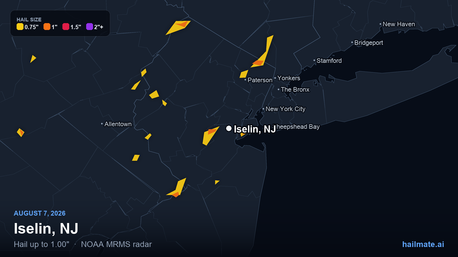 Hail swath map for Iselin, NJ on August 7, 2026 showing 1.00 inch hail.