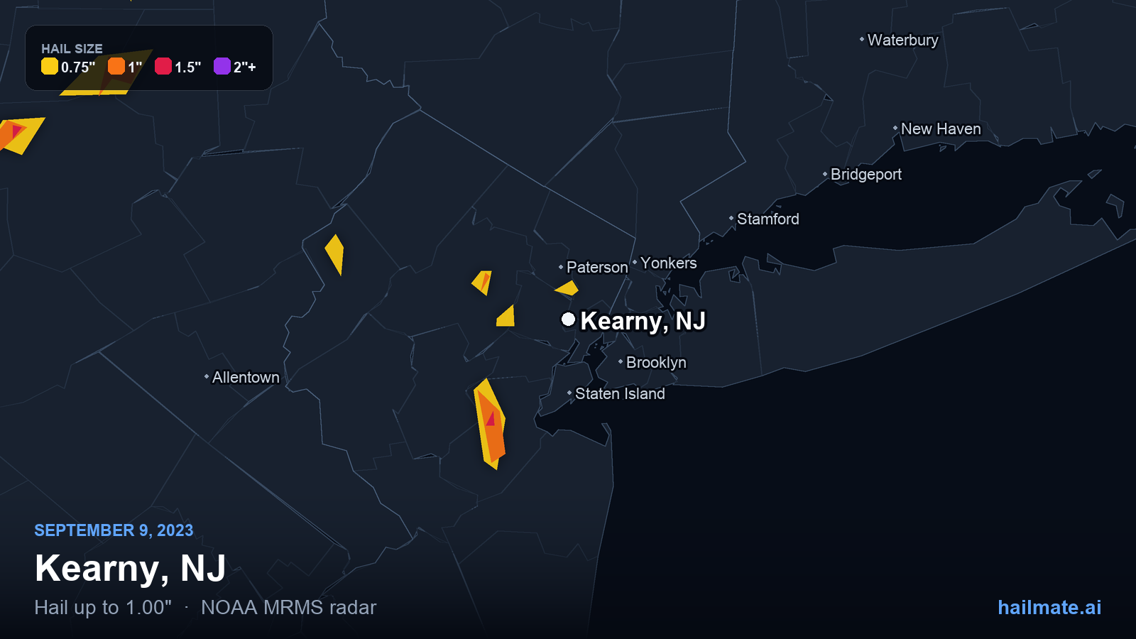 Hail swath map for Kearny, NJ on September 9, 2023 showing 1.00 inch hail.