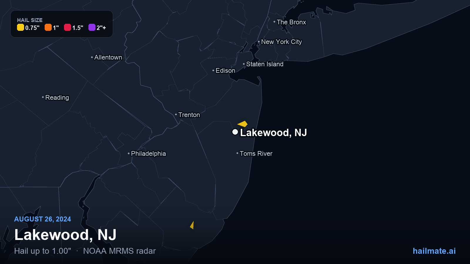 Hail swath map for Lakewood, NJ on August 26, 2024 showing 1.00 inch hail.
