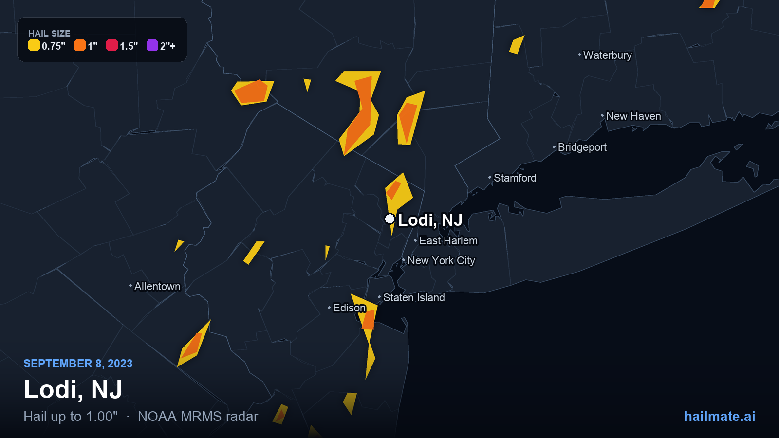 Hail swath map for Lodi, NJ on September 8, 2023 showing 1.00 inch hail.