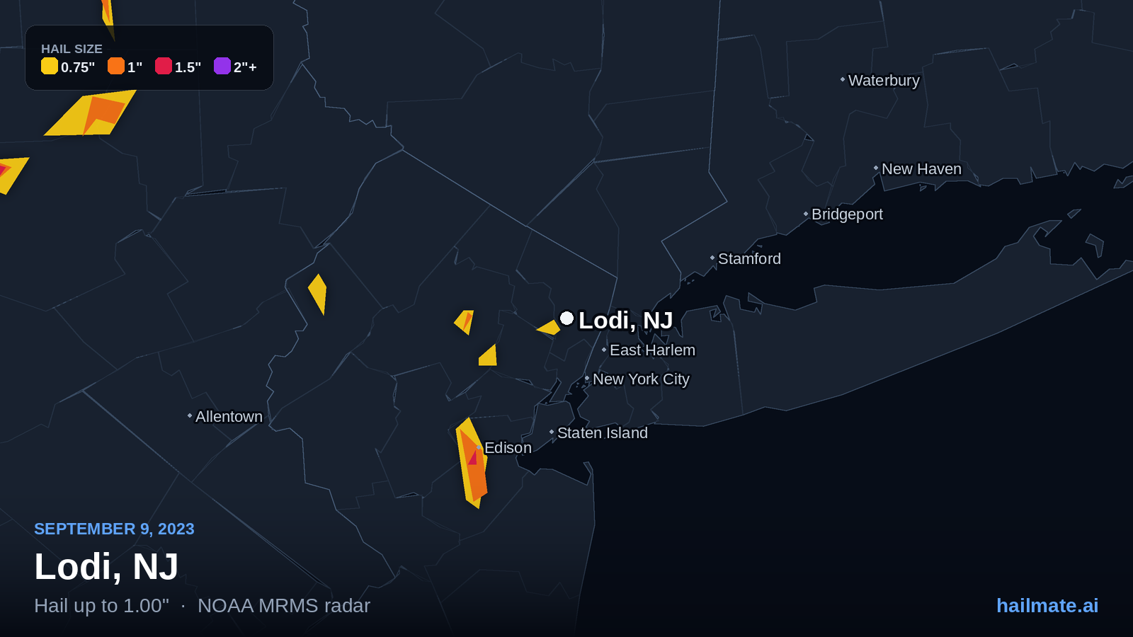 Hail swath map for Lodi, NJ on September 9, 2023 showing 1.00 inch hail.