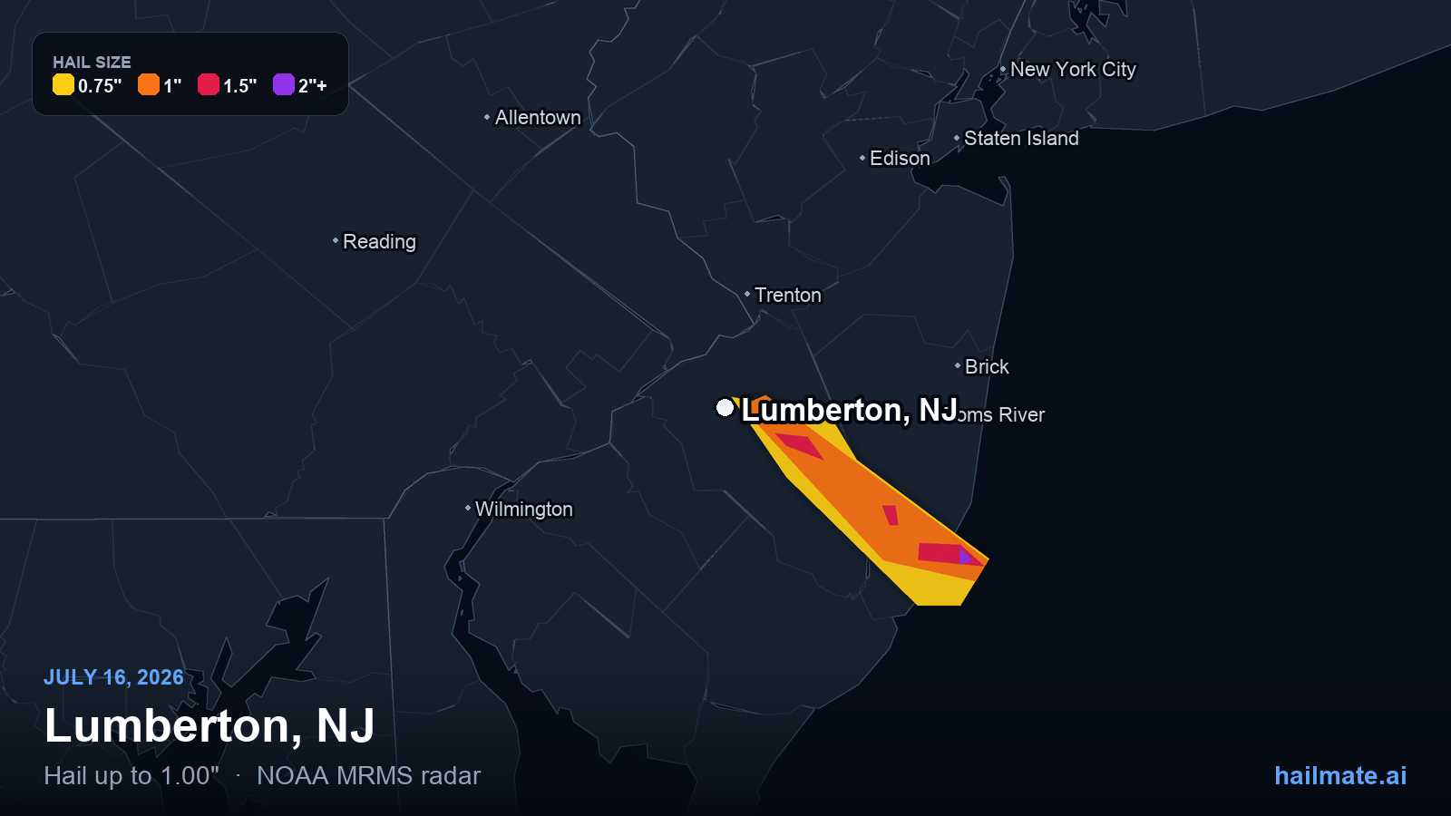 Hail swath map for Lumberton, NJ on July 16, 2026 showing 1.00 inch hail.