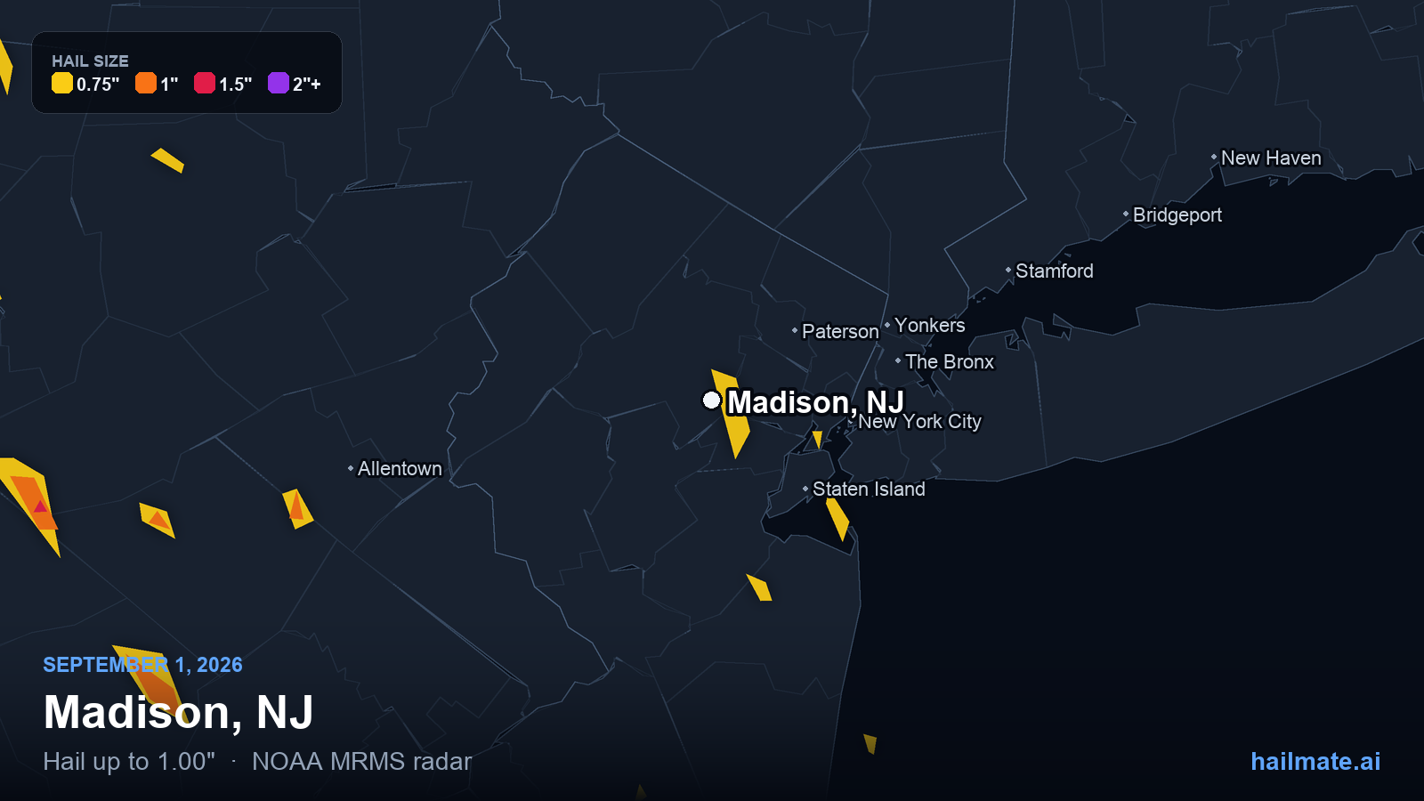 Hail swath map for Madison, NJ on September 1, 2026 showing 1.00 inch hail.