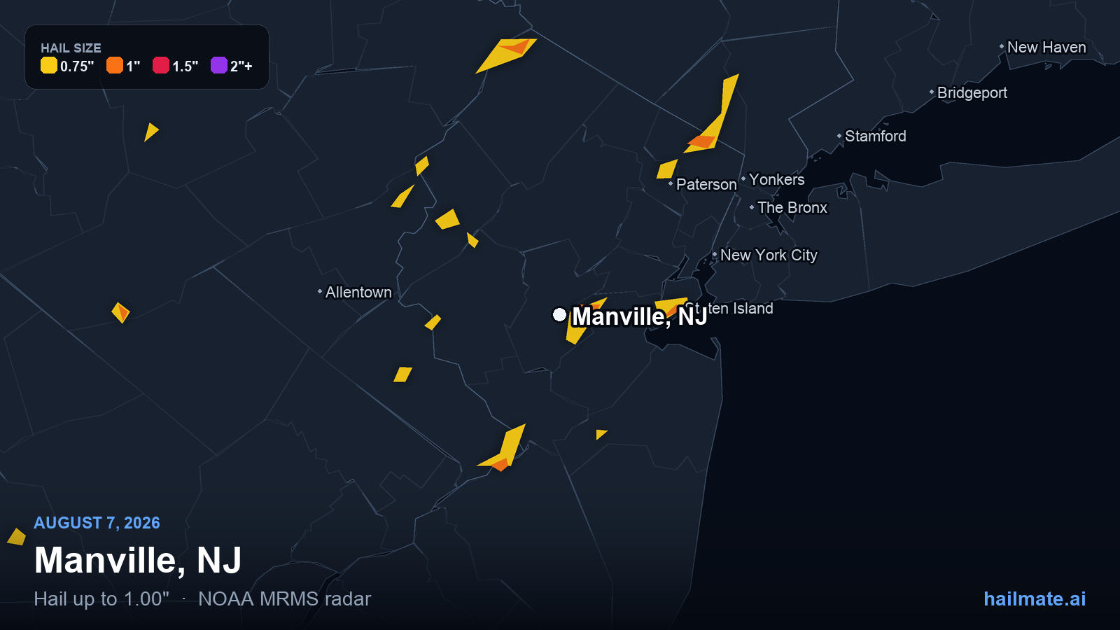 Hail swath map for Manville, NJ on August 7, 2026 showing 1.00 inch hail.