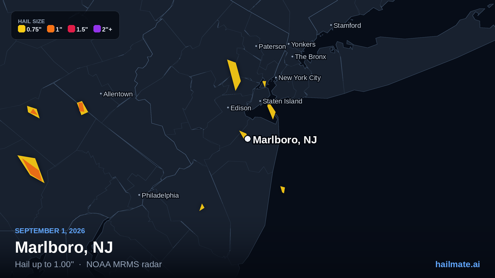 Hail swath map for Marlboro, NJ on September 1, 2026 showing 1.00 inch hail.