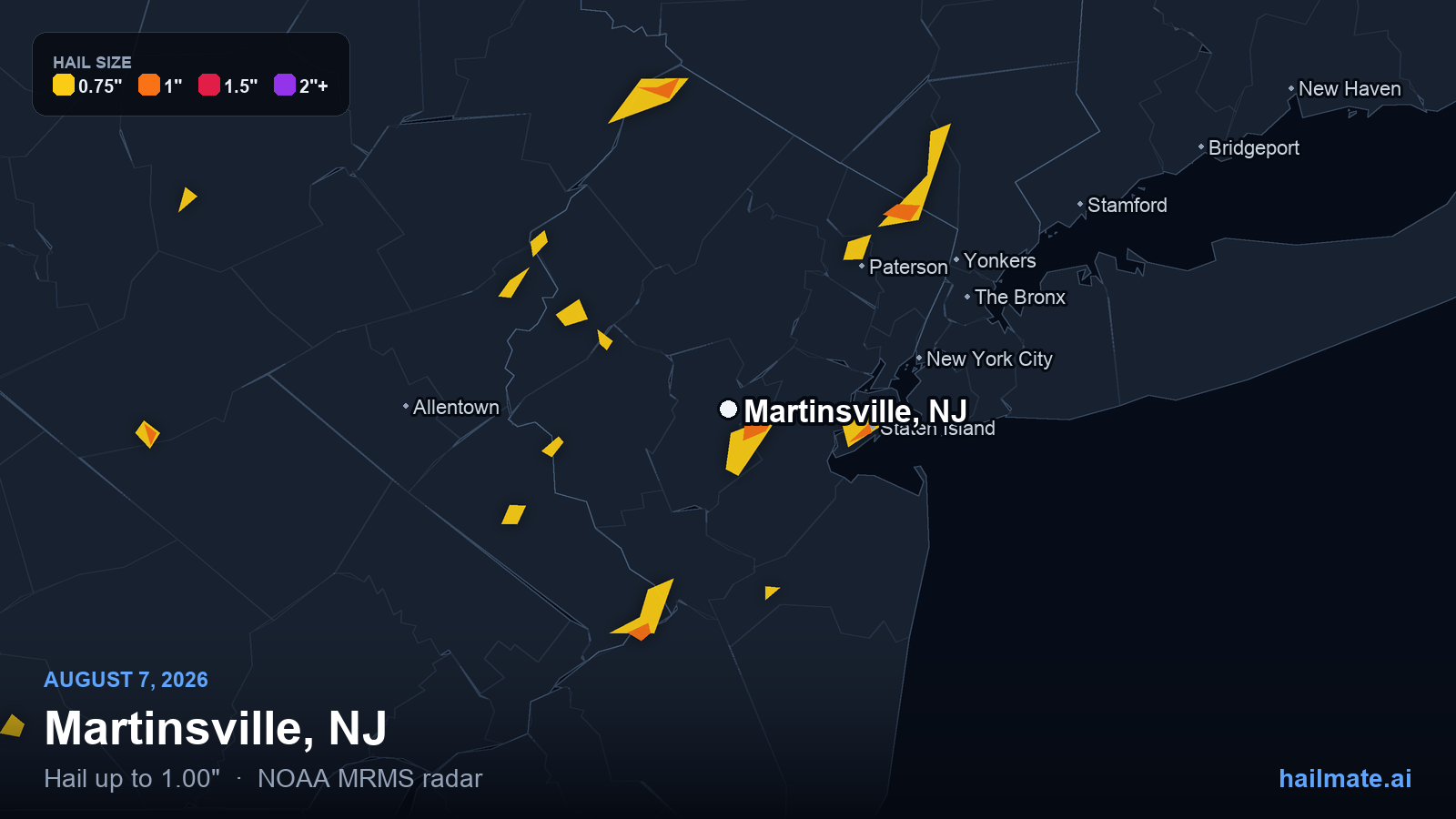 Hail swath map for Martinsville, NJ on August 7, 2026 showing 1.00 inch hail.
