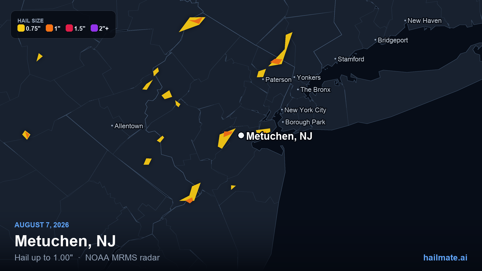 Hail swath map for Metuchen, NJ on August 7, 2026 showing 1.00 inch hail.