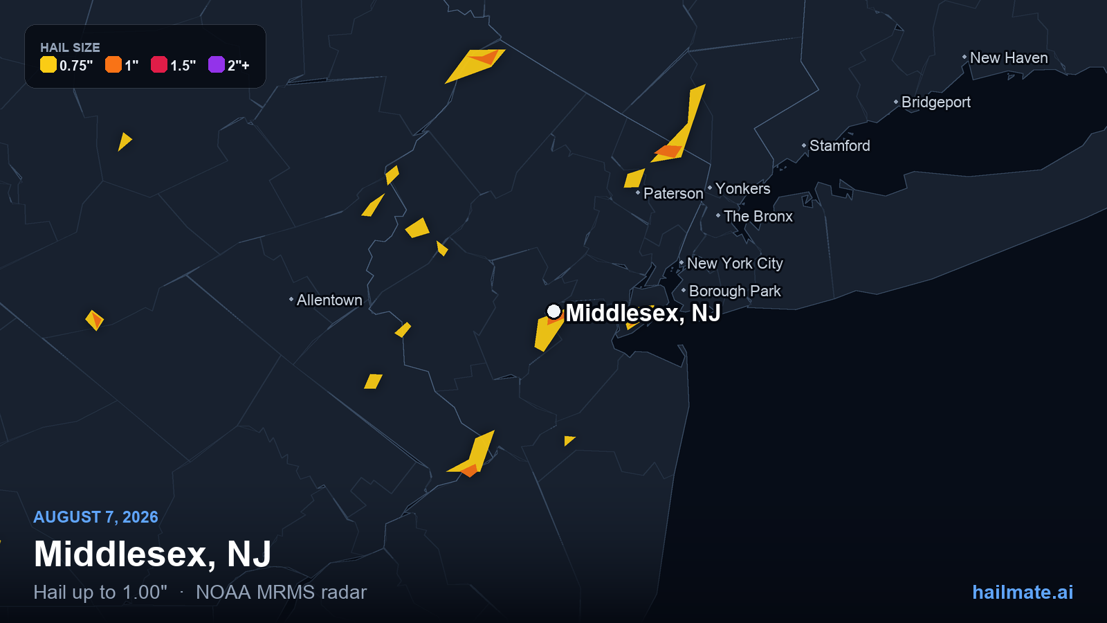 Hail swath map for Middlesex, NJ on August 7, 2026 showing 1.00 inch hail.