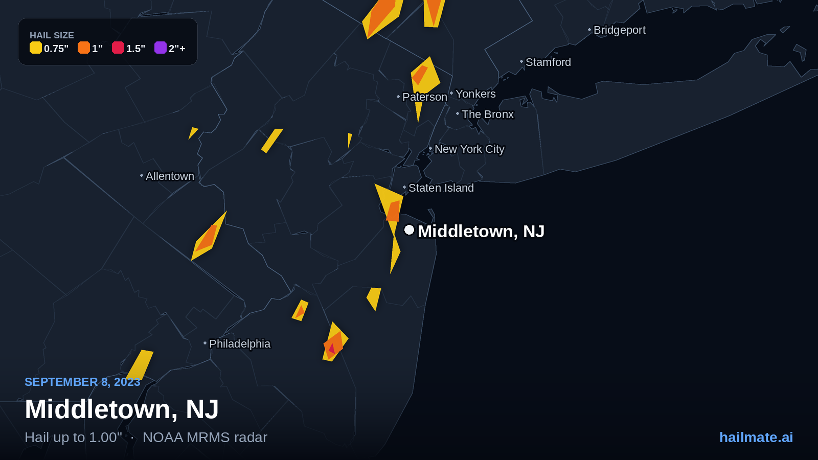 Hail swath map for Middletown, NJ on September 8, 2023 showing 1.00 inch hail.