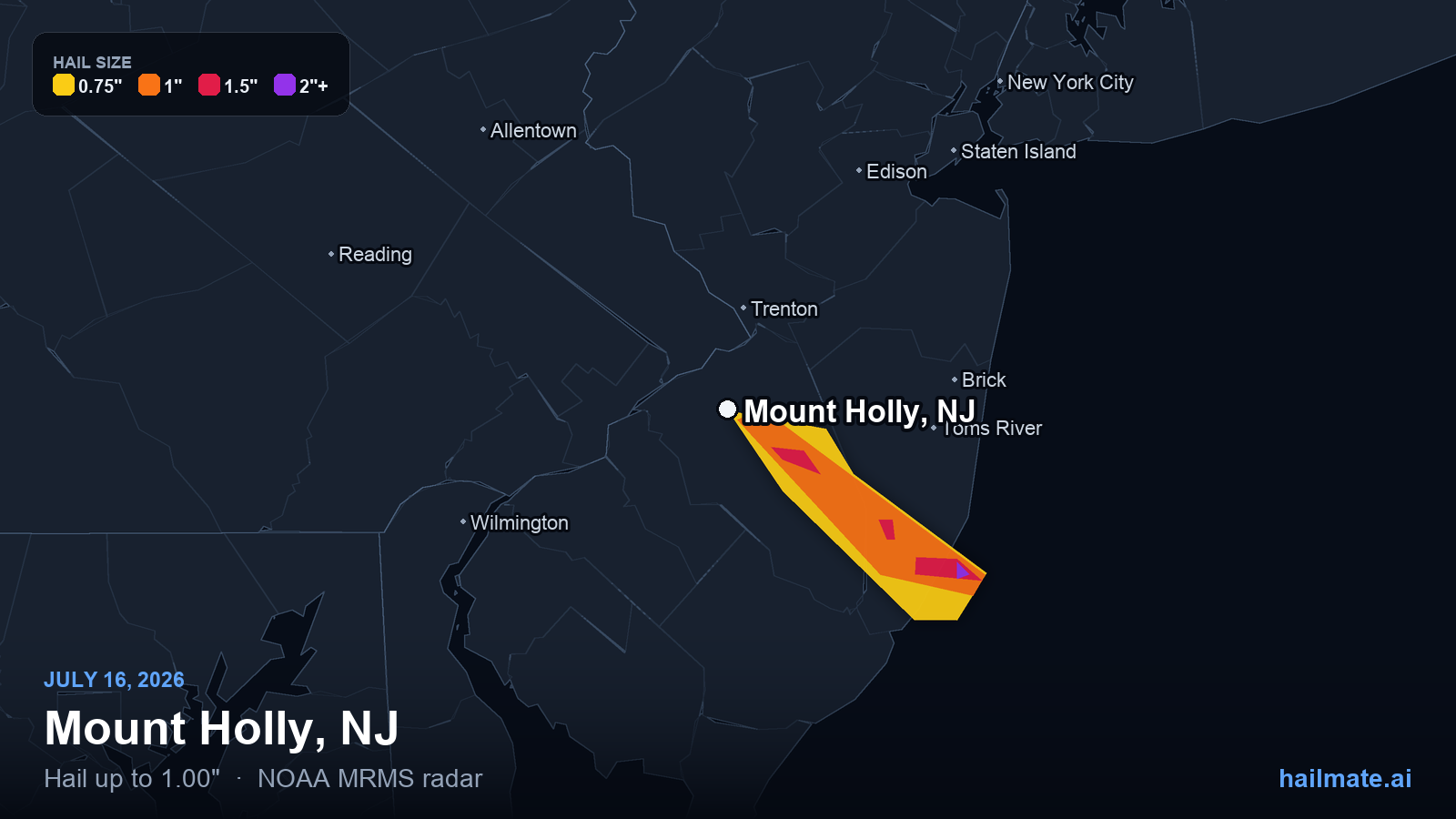 Hail swath map for Mount Holly, NJ on July 16, 2026 showing 1.00 inch hail.