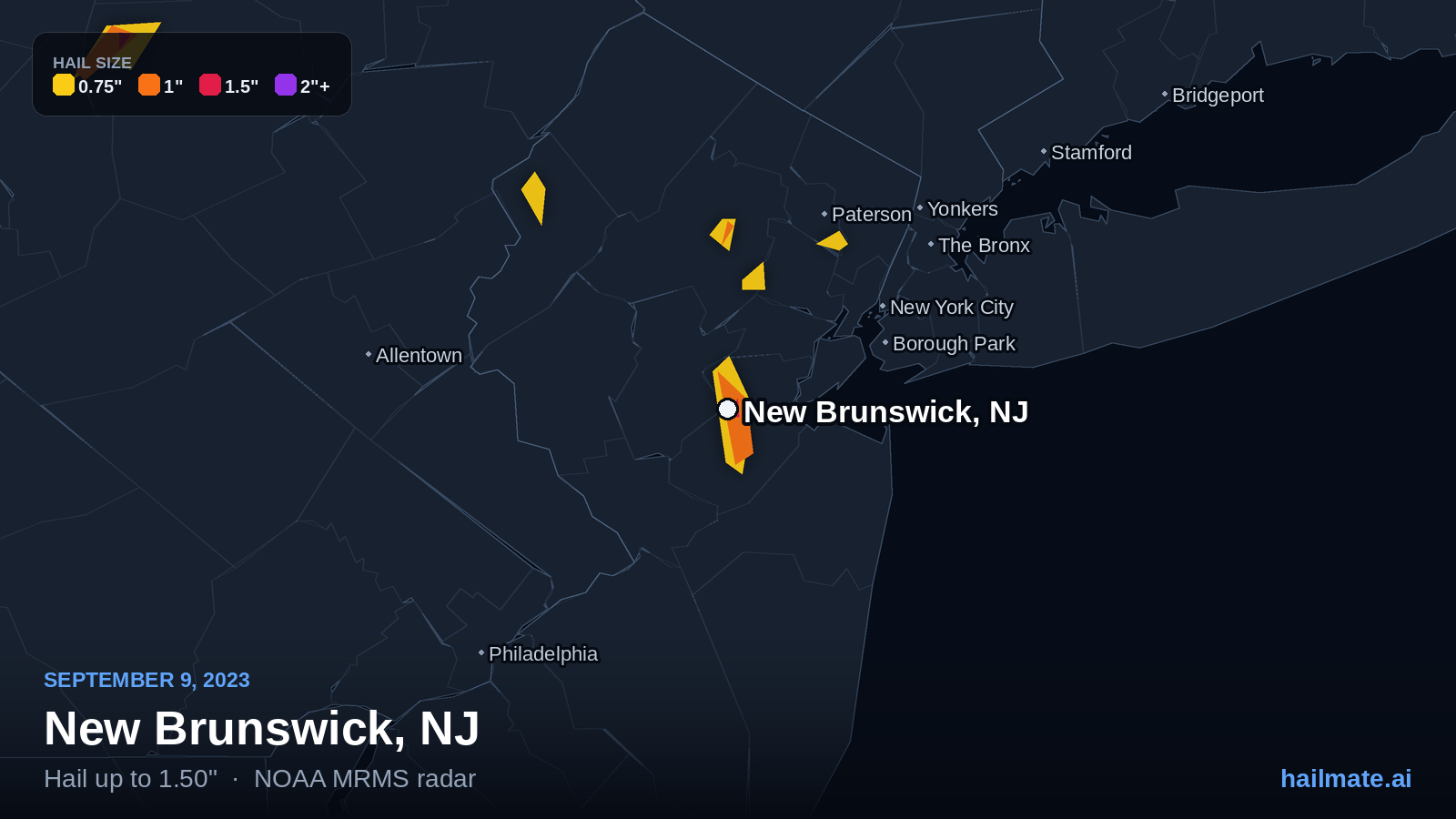 Hail swath map for New Brunswick, NJ on September 9, 2023 showing 1.50 inch hail.