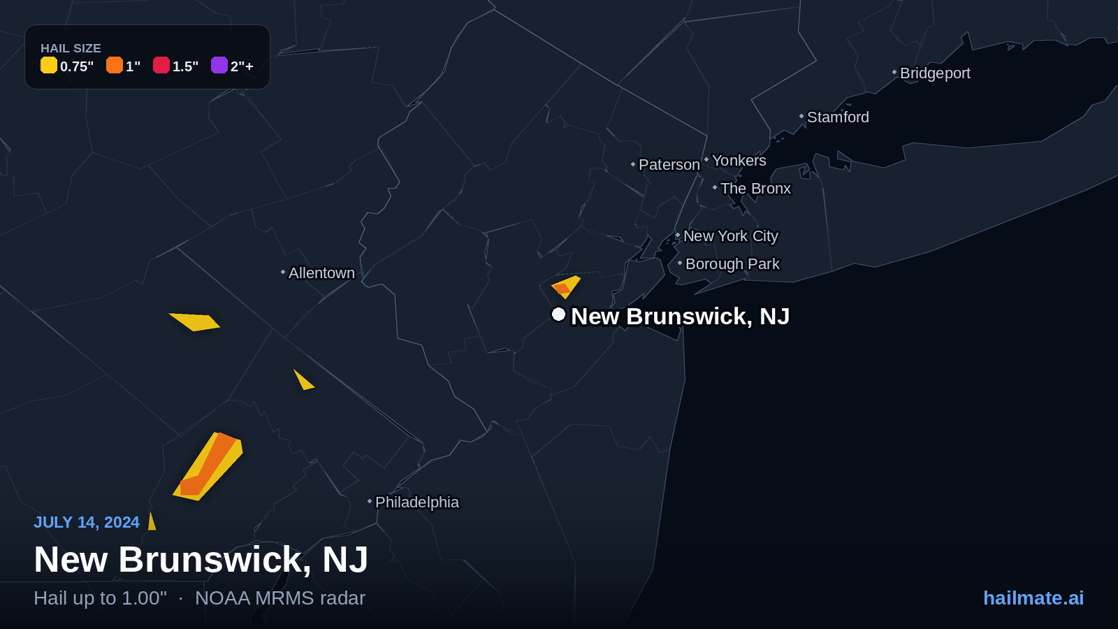 Hail swath map for New Brunswick, NJ on July 14, 2024 showing 1.00 inch hail.