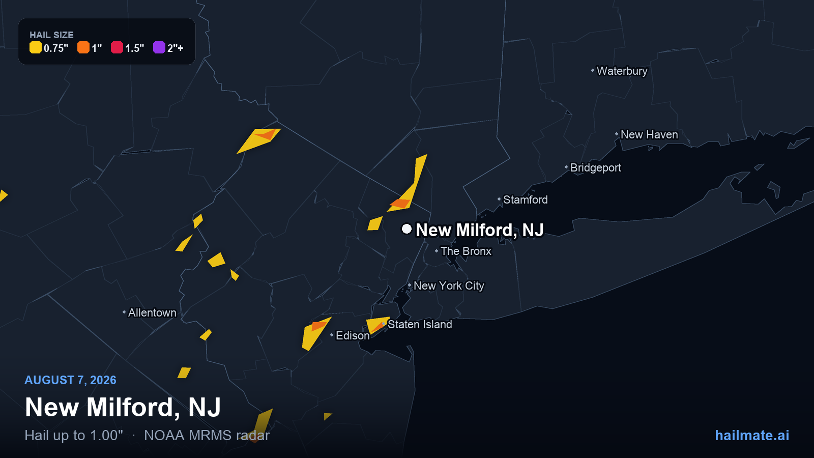 Hail swath map for New Milford, NJ on August 7, 2026 showing 1.00 inch hail.