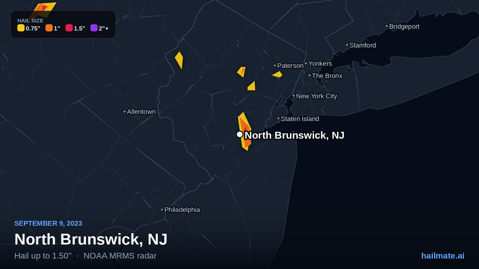 Hail swath map for North Brunswick, NJ on September 9, 2023 showing 1.50 inch hail.