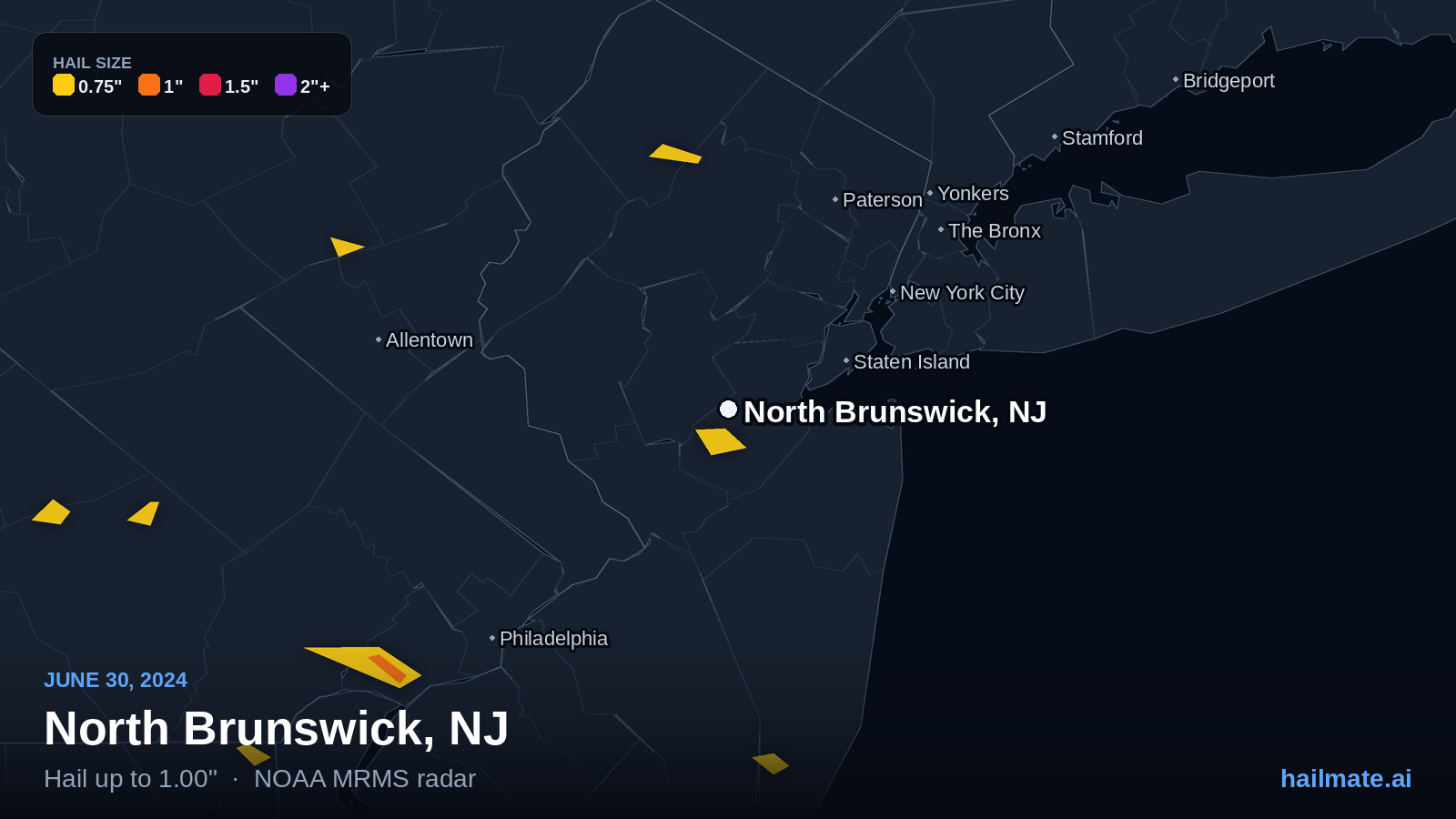 Hail swath map for North Brunswick, NJ on June 30, 2024 showing 1.00 inch hail.