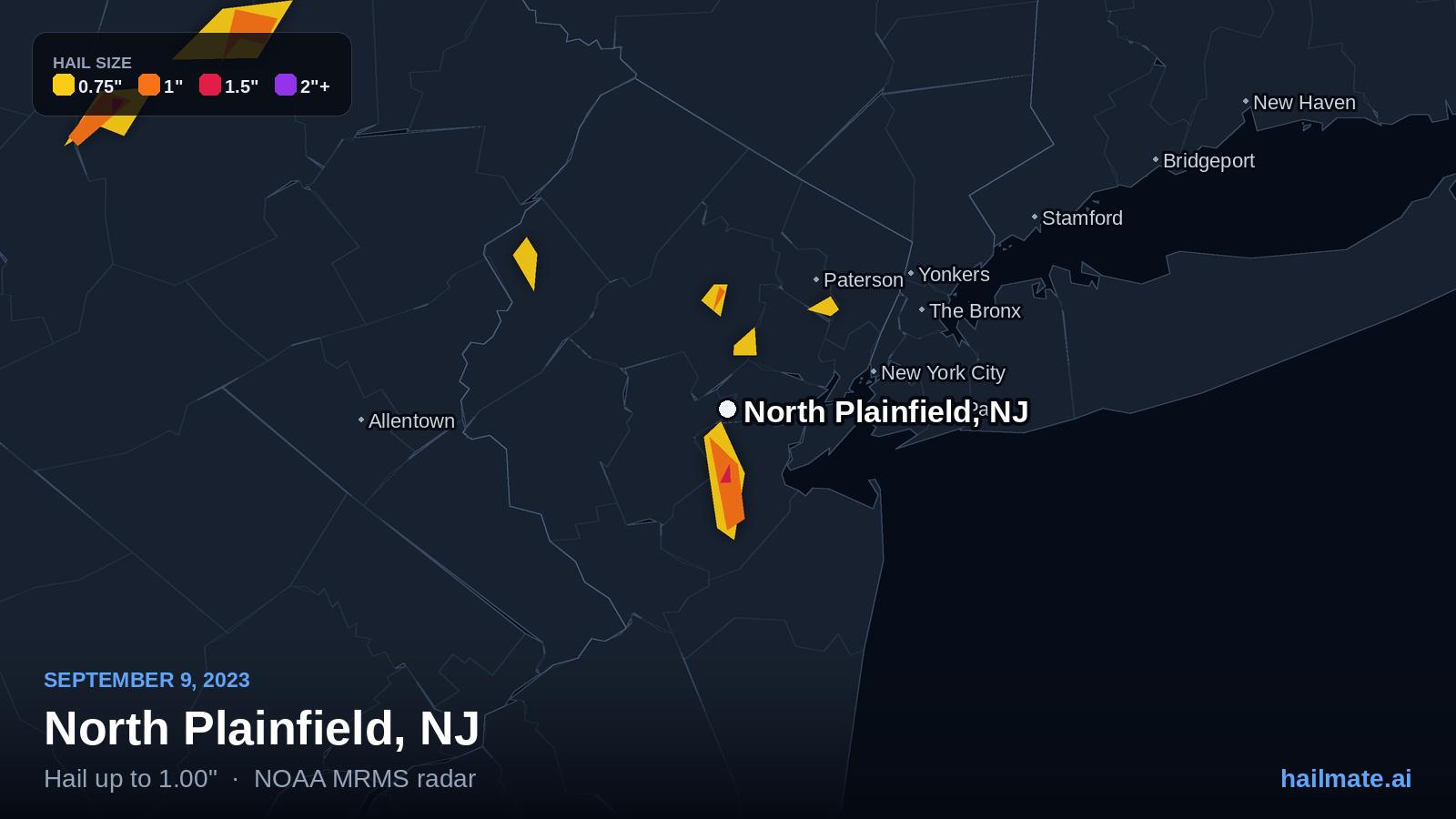 Hail swath map for North Plainfield, NJ on September 9, 2023 showing 1.00 inch hail.