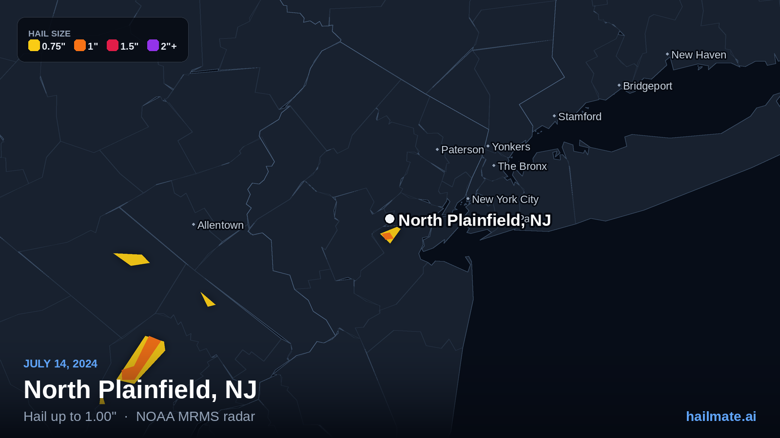 Hail swath map for North Plainfield, NJ on July 14, 2024 showing 1.00 inch hail.