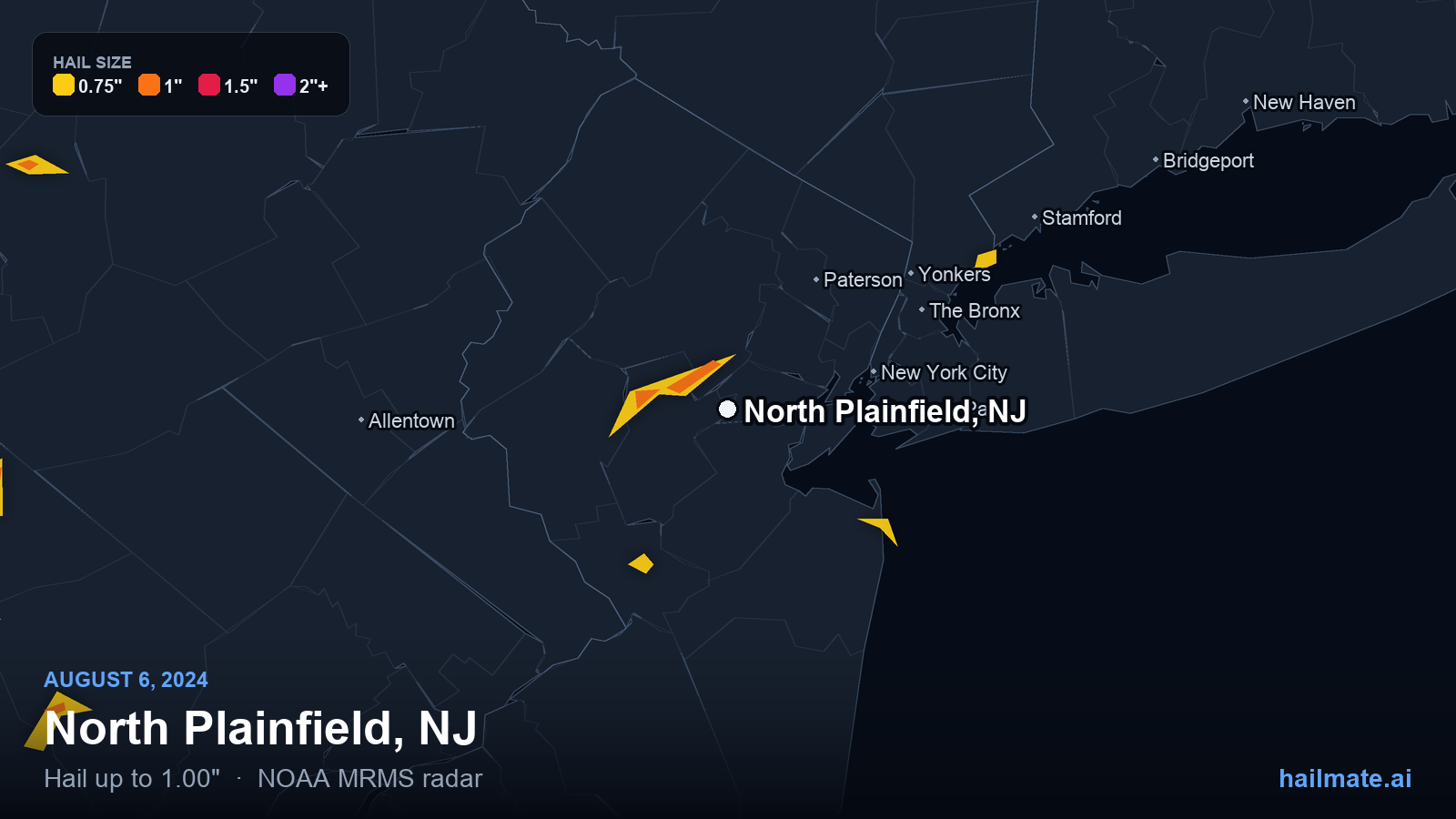 Hail swath map for North Plainfield, NJ on August 6, 2024 showing 1.00 inch hail.