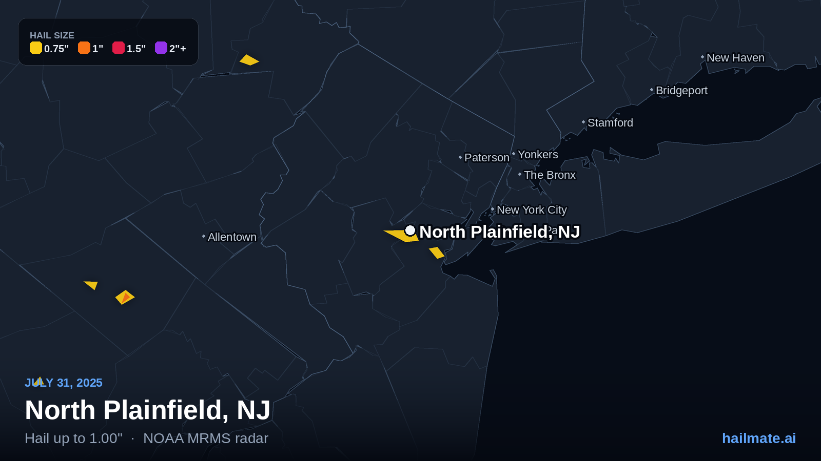 Hail swath map for North Plainfield, NJ on July 31, 2025 showing 1.00 inch hail.