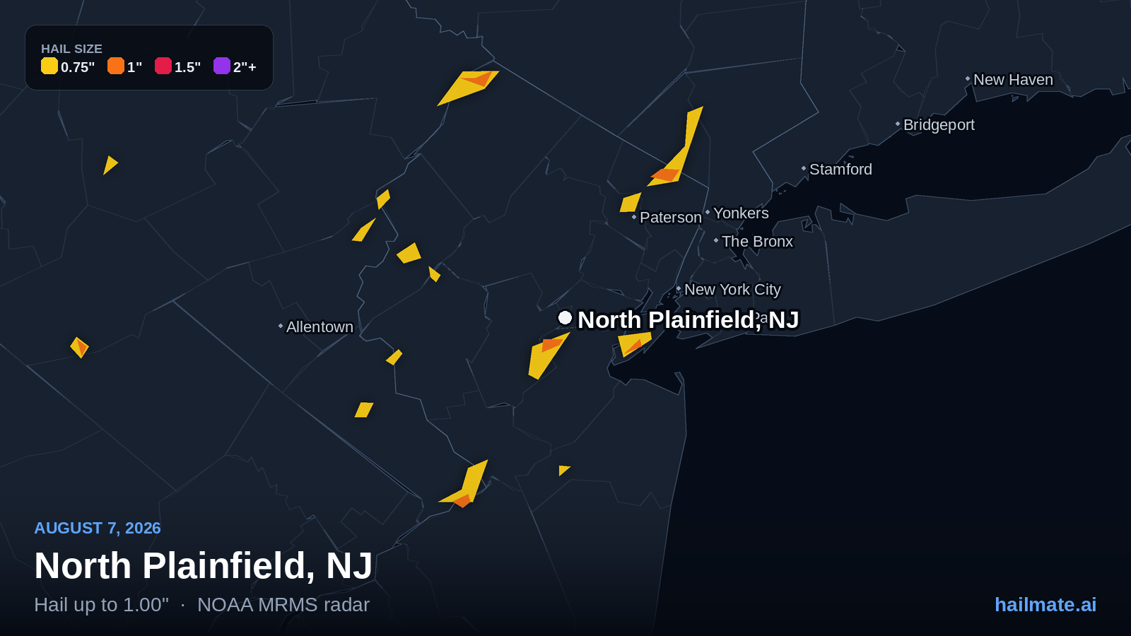 Hail swath map for North Plainfield, NJ on August 7, 2026 showing 1.00 inch hail.