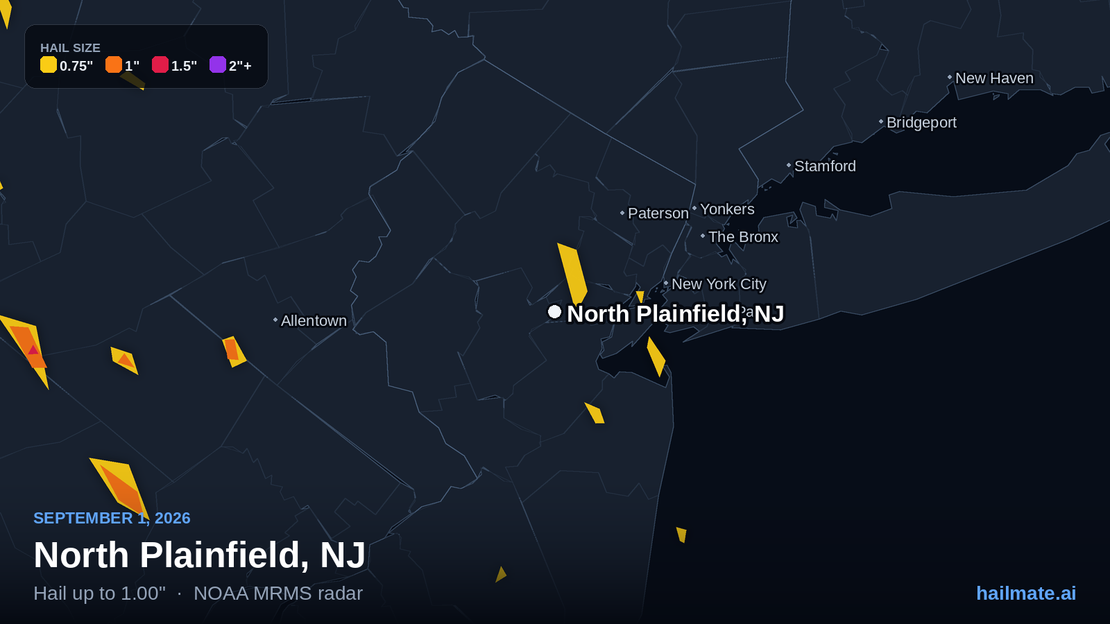 Hail swath map for North Plainfield, NJ on September 1, 2026 showing 1.00 inch hail.