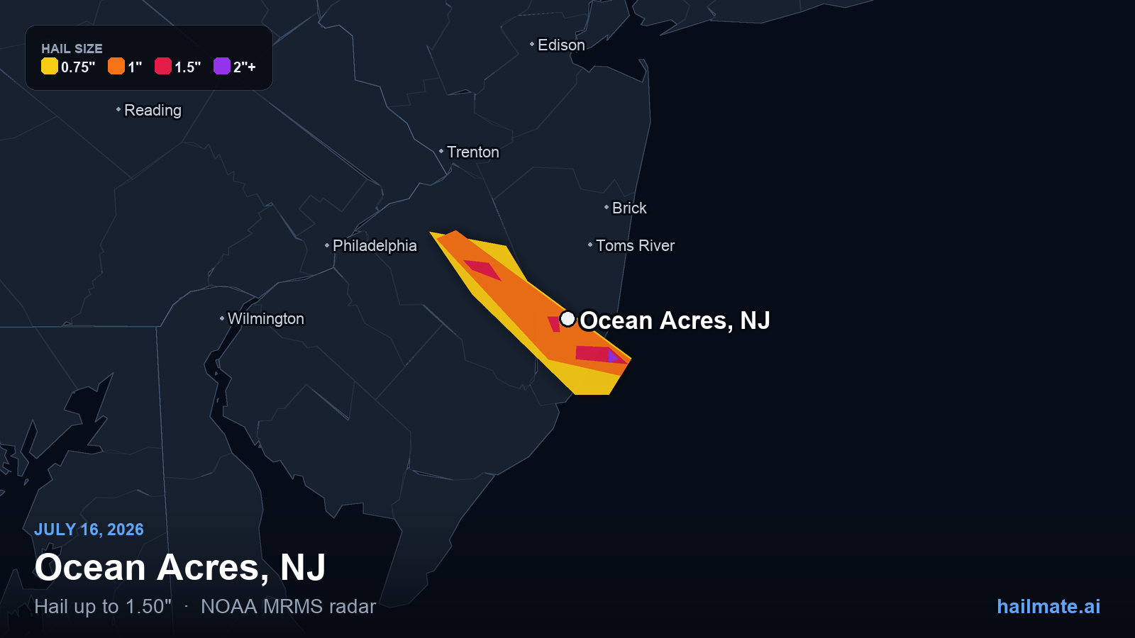 Hail swath map for Ocean Acres, NJ on July 16, 2026 showing 1.50 inch hail.