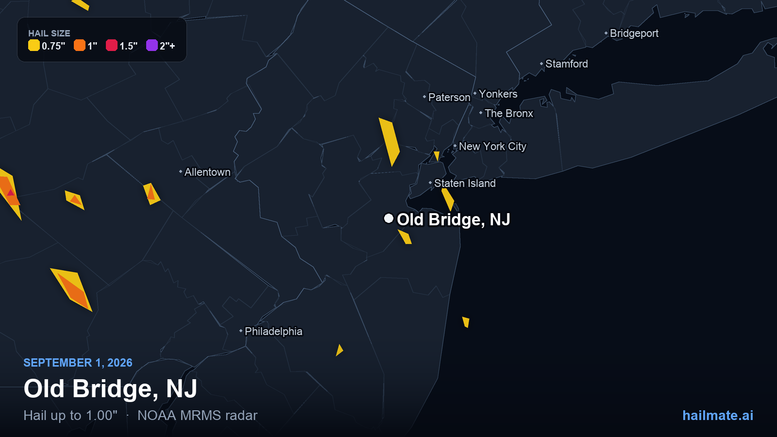 Hail swath map for Old Bridge, NJ on September 1, 2026 showing 1.00 inch hail.