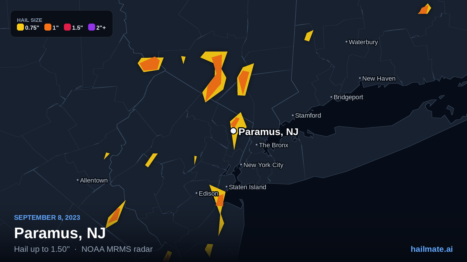 Hail swath map for Paramus, NJ on September 8, 2023 showing 1.50 inch hail.