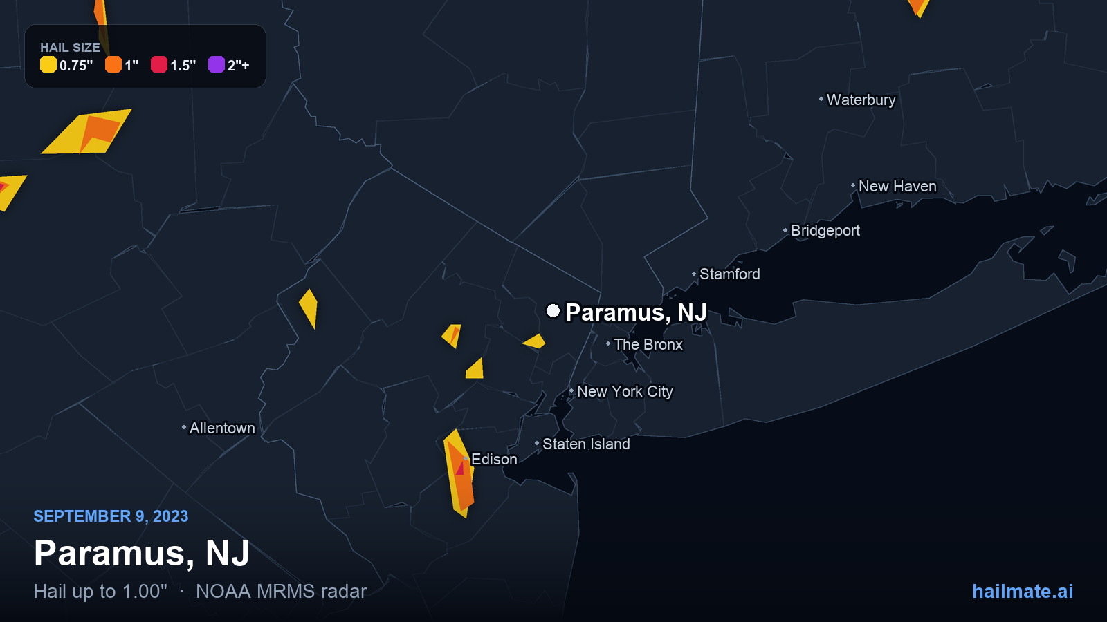 Hail swath map for Paramus, NJ on September 9, 2023 showing 1.00 inch hail.