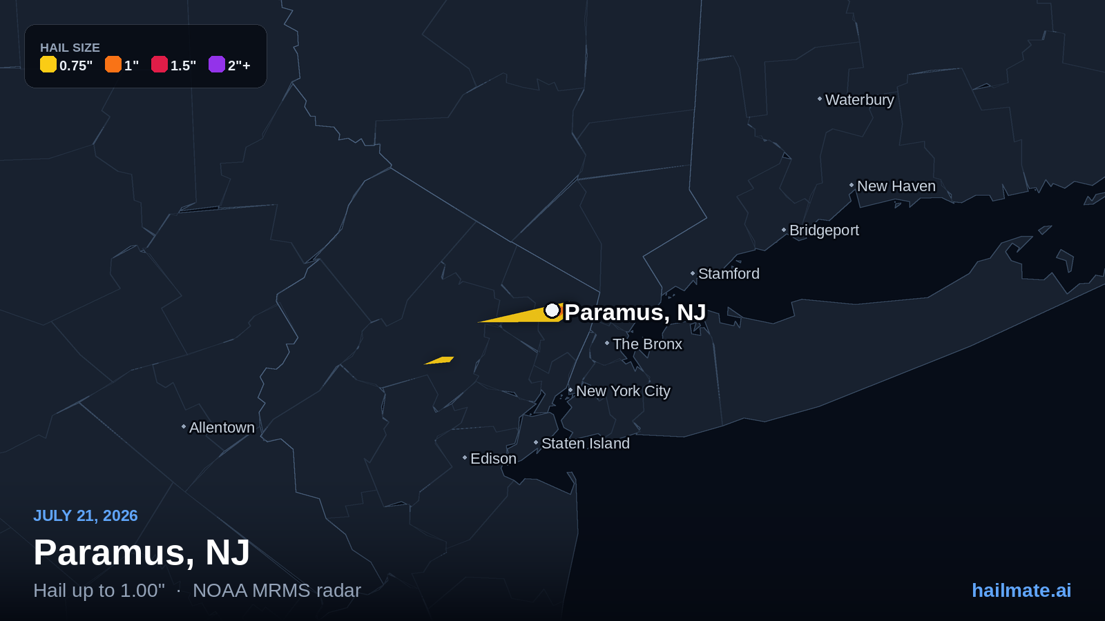 Hail swath map for Paramus, NJ on July 21, 2026 showing 1.00 inch hail.