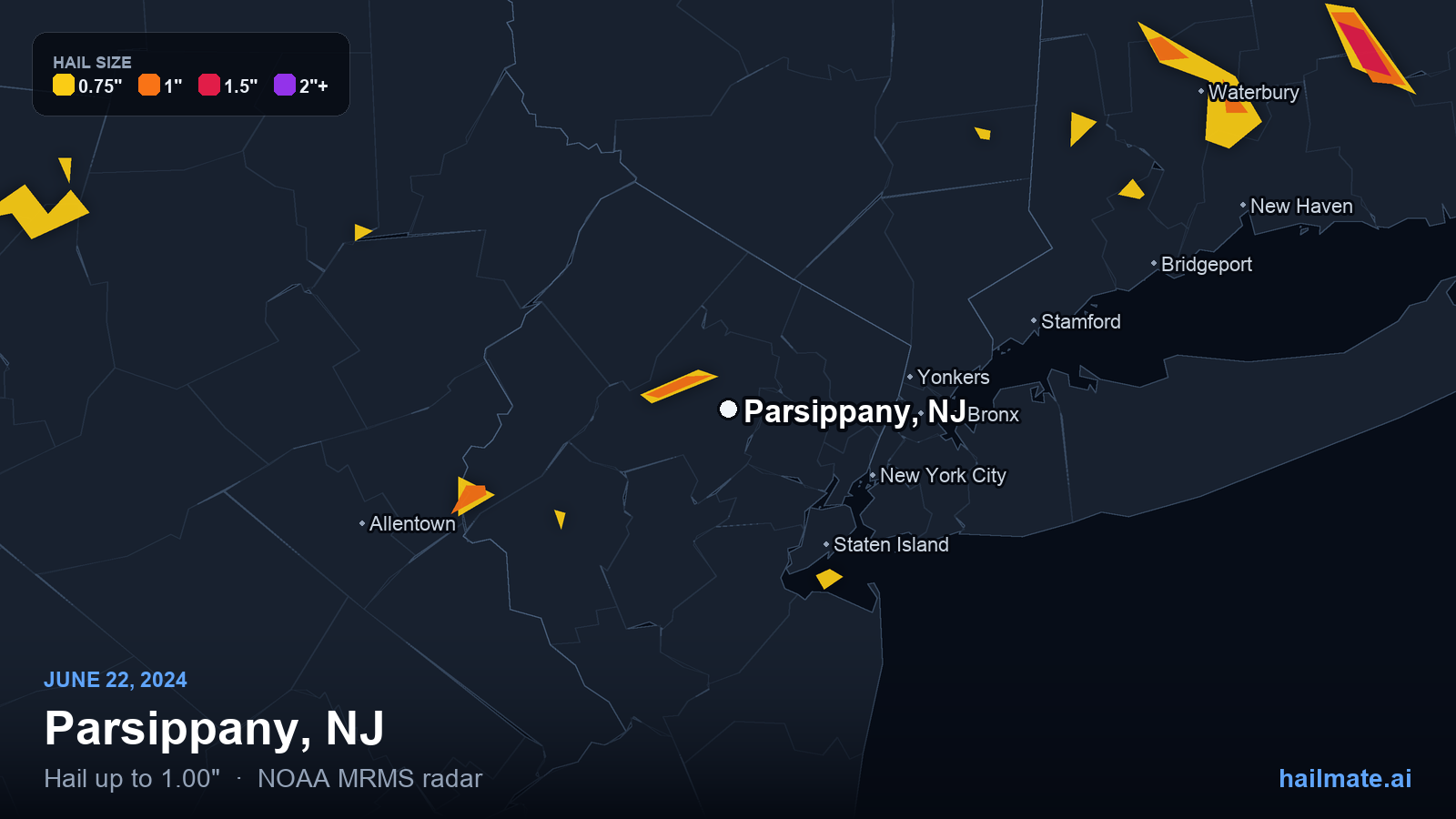 Hail swath map for Parsippany, NJ on June 22, 2024 showing 1.00 inch hail.