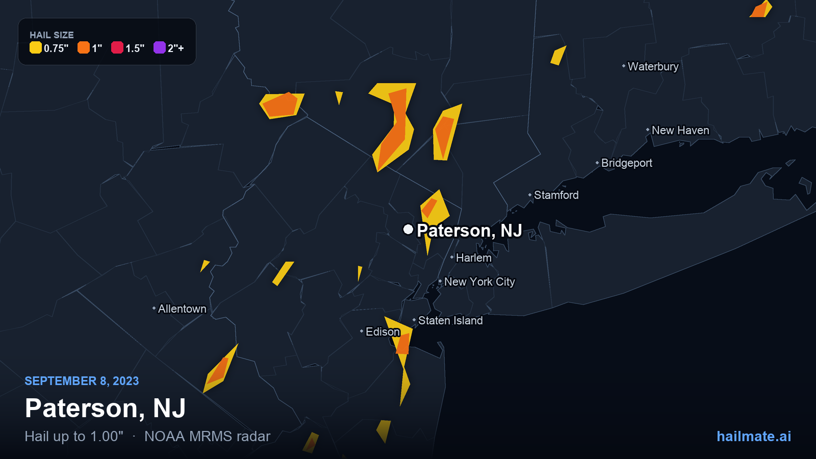 Hail swath map for Paterson, NJ on September 8, 2023 showing 1.00 inch hail.