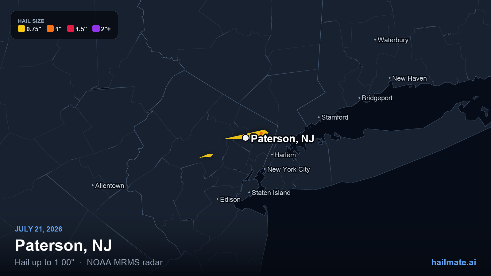 Hail swath map for Paterson, NJ on July 21, 2026 showing 1.00 inch hail.