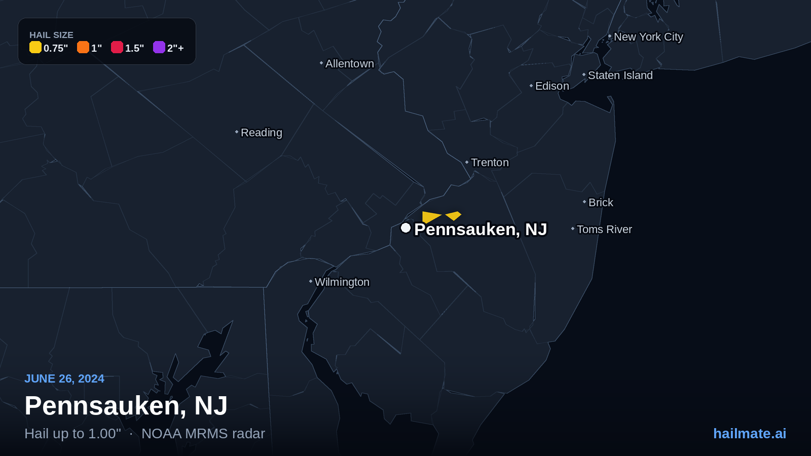 Hail swath map for Pennsauken, NJ on June 26, 2024 showing 1.00 inch hail.