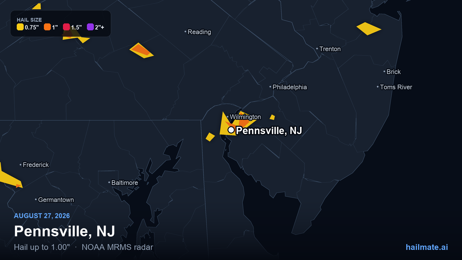 Hail swath map for Pennsville, NJ on August 27, 2026 showing 1.00 inch hail.