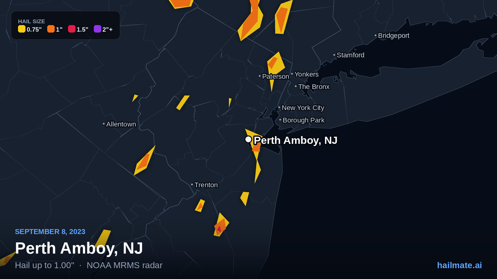 Hail swath map for Perth Amboy, NJ on September 8, 2023 showing 1.00 inch hail.