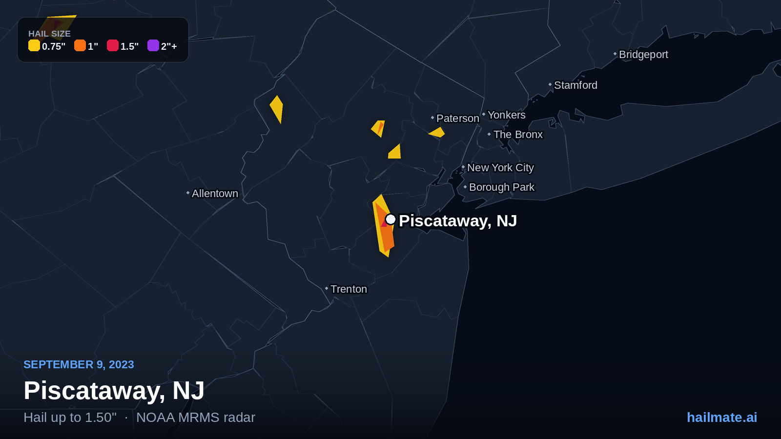 Hail swath map for Piscataway, NJ on September 9, 2023 showing 1.50 inch hail.