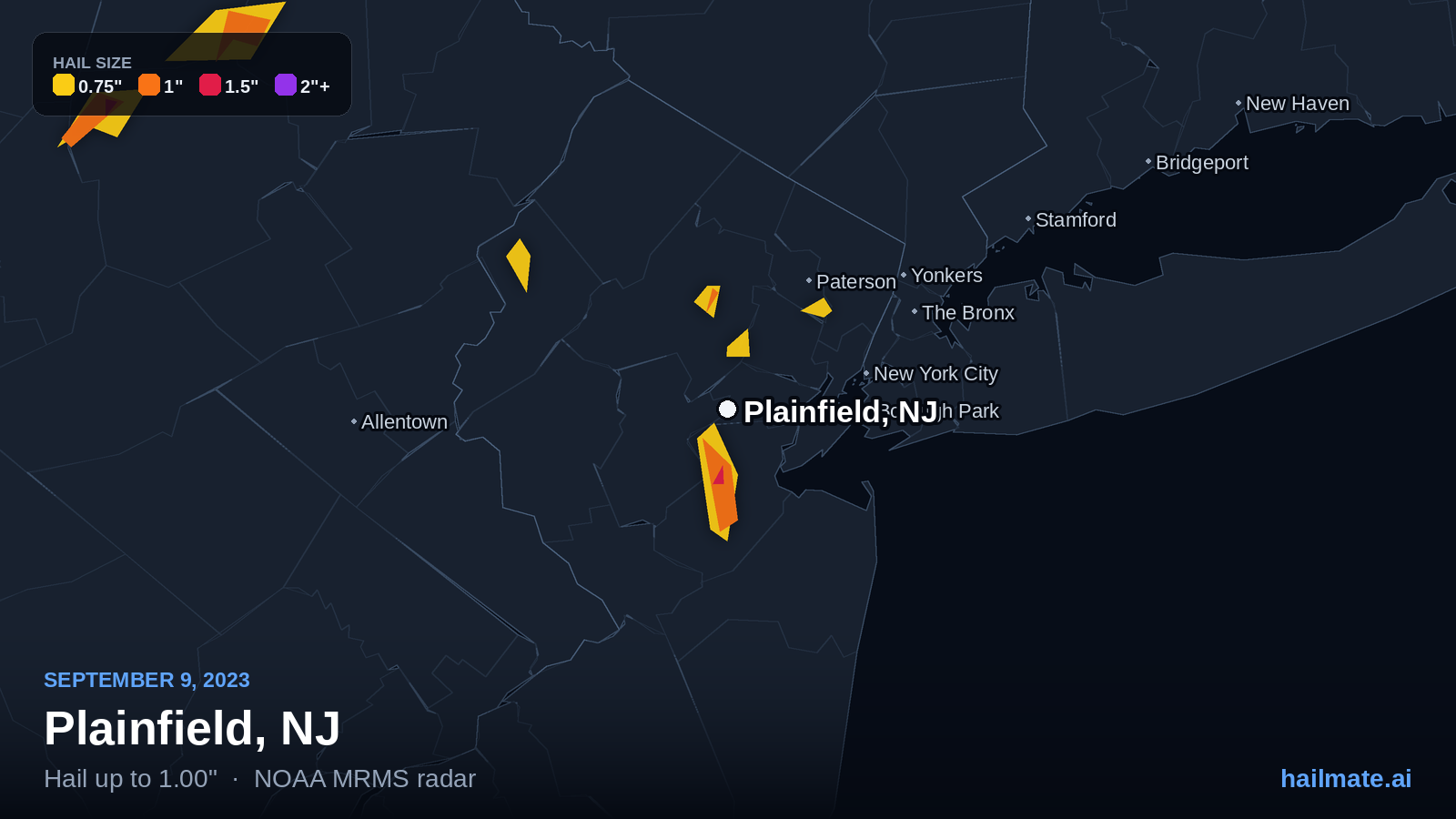Hail swath map for Plainfield, NJ on September 9, 2023 showing 1.00 inch hail.