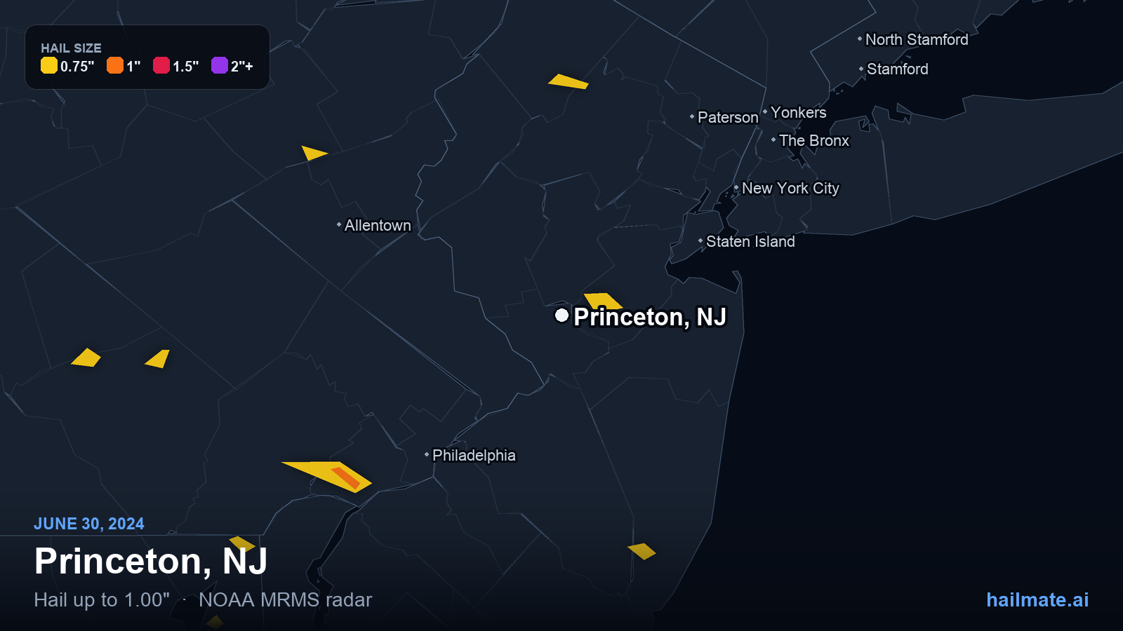 Hail swath map for Princeton, NJ on June 30, 2024 showing 1.00 inch hail.