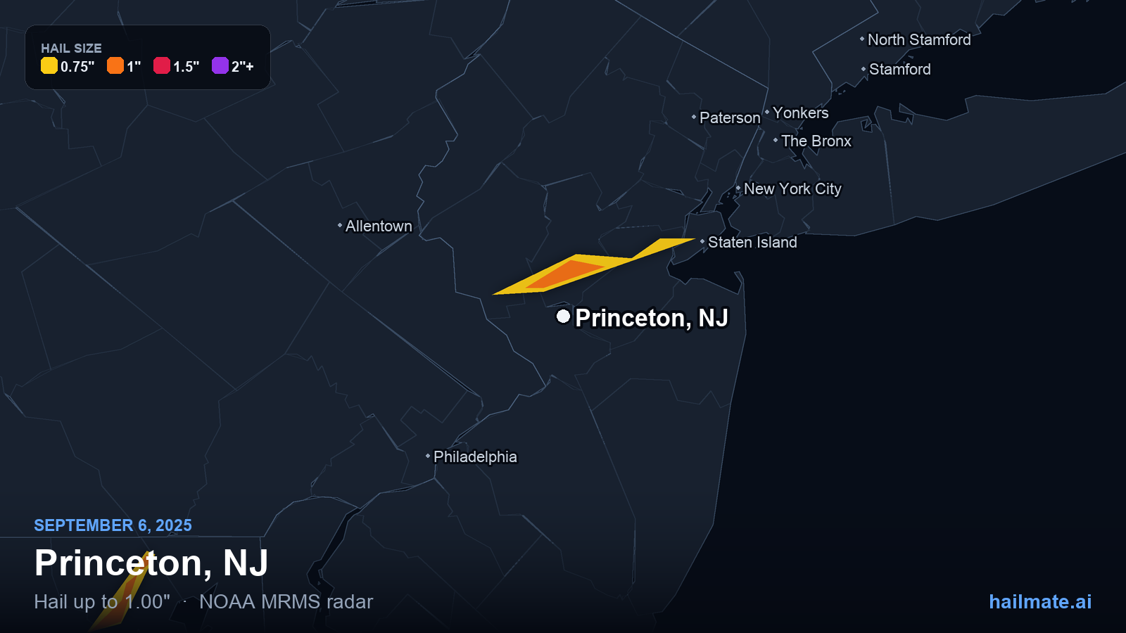 Hail swath map for Princeton, NJ on September 6, 2025 showing 1.00 inch hail.