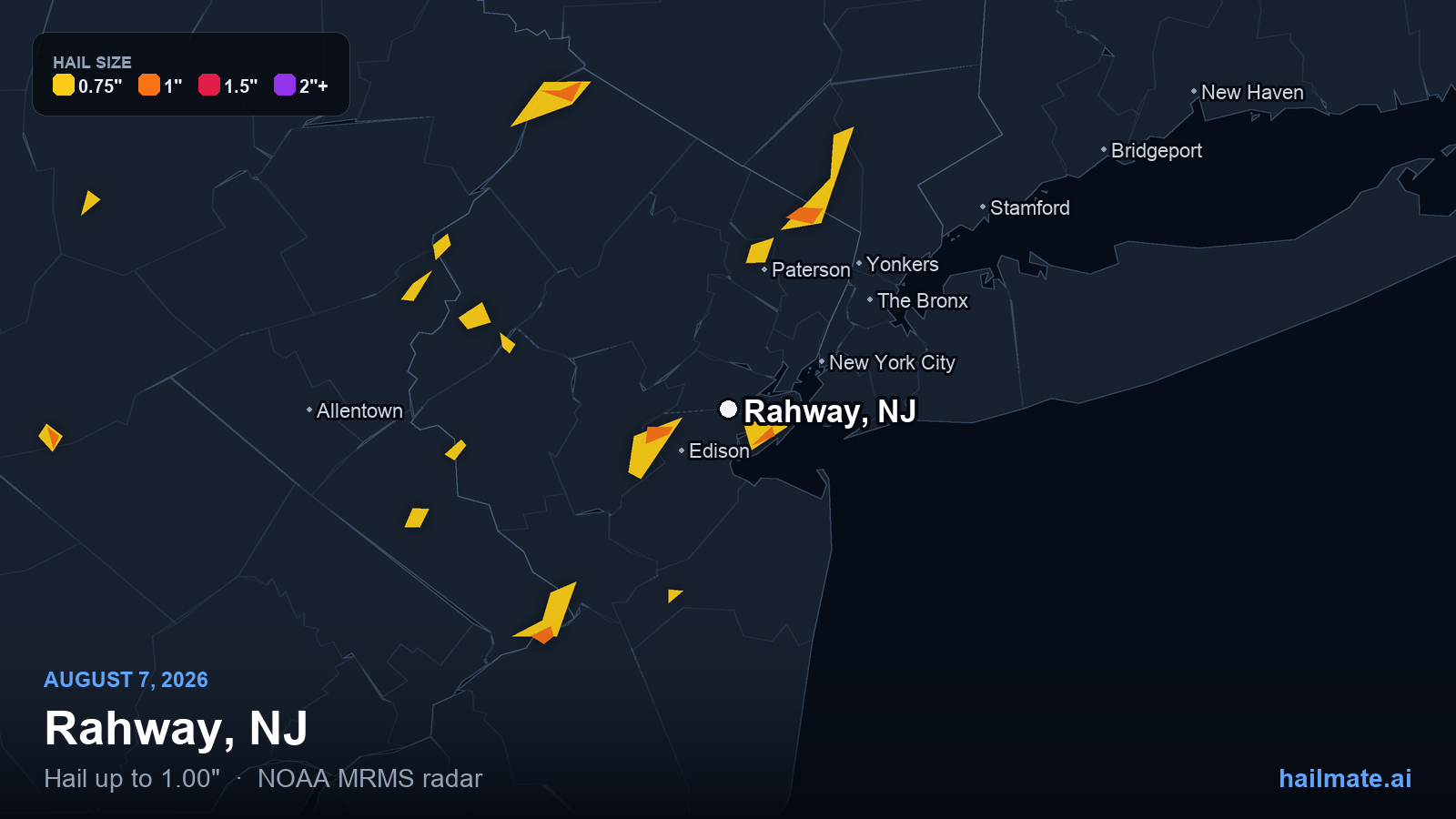 Hail swath map for Rahway, NJ on August 7, 2026 showing 1.00 inch hail.