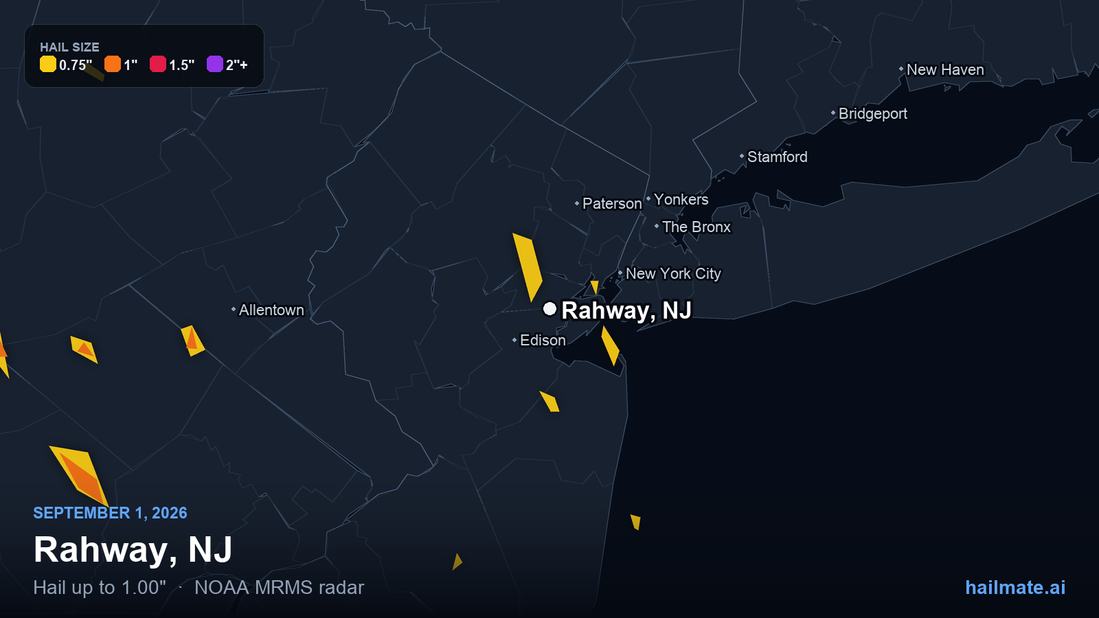 Hail swath map for Rahway, NJ on September 1, 2026 showing 1.00 inch hail.