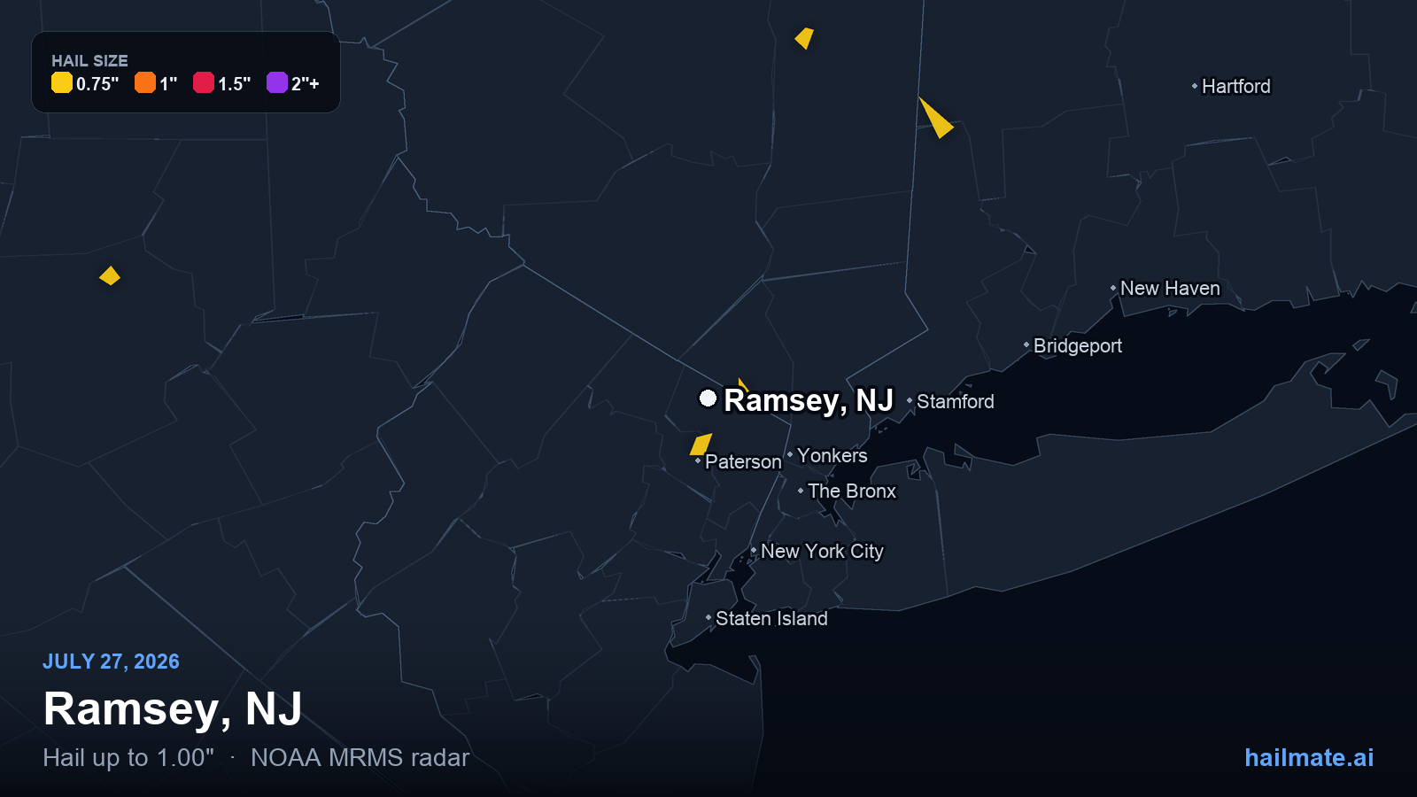 Hail swath map for Ramsey, NJ on July 27, 2026 showing 1.00 inch hail.