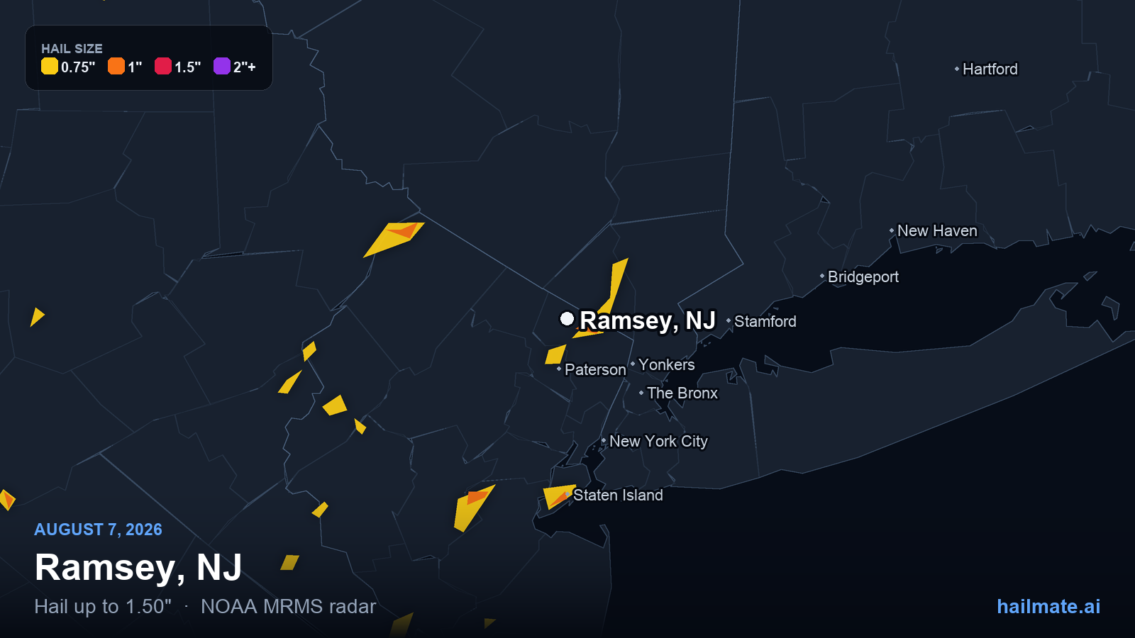 Hail swath map for Ramsey, NJ on August 7, 2026 showing 1.50 inch hail.