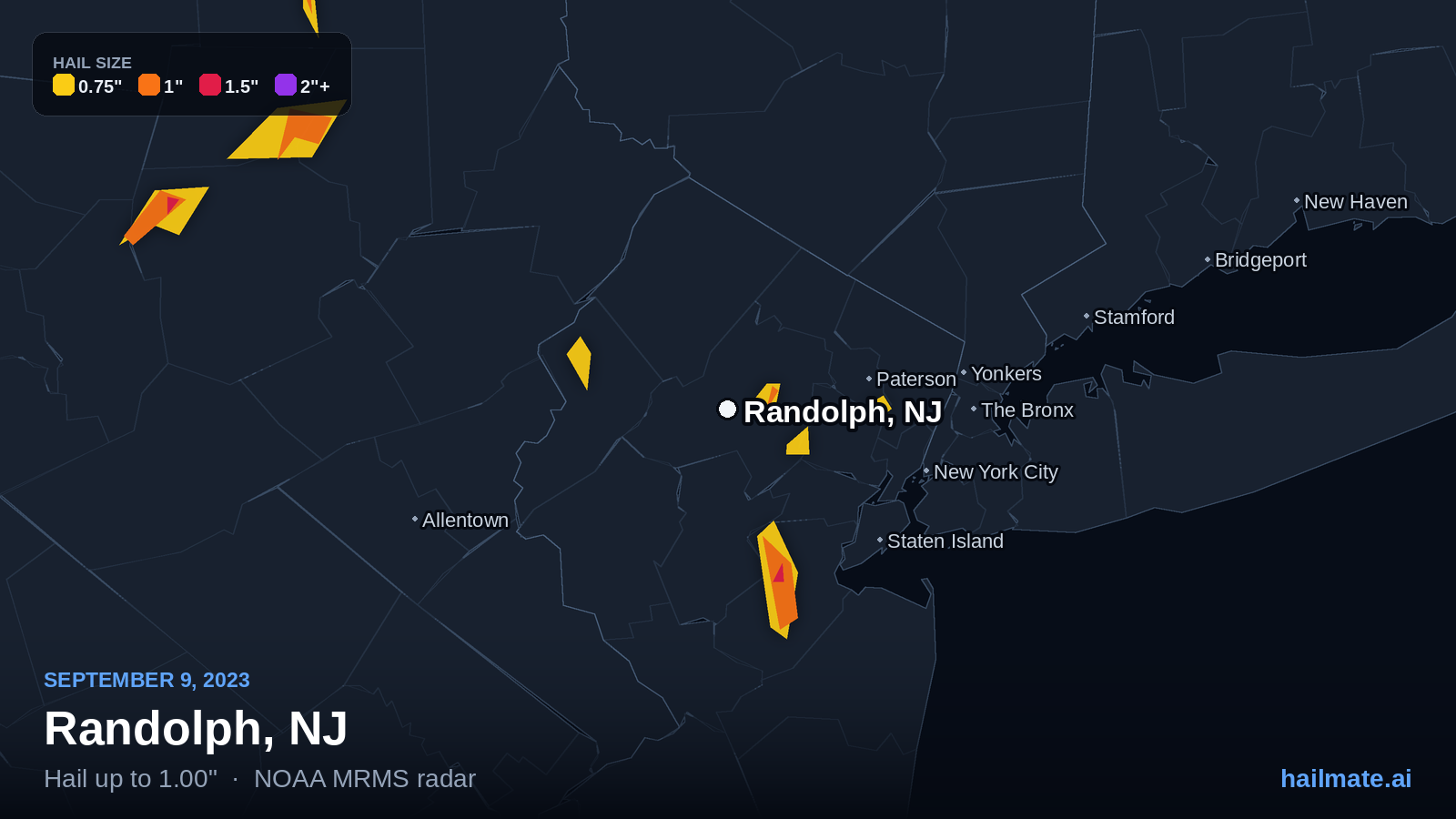 Hail swath map for Randolph, NJ on September 9, 2023 showing 1.00 inch hail.