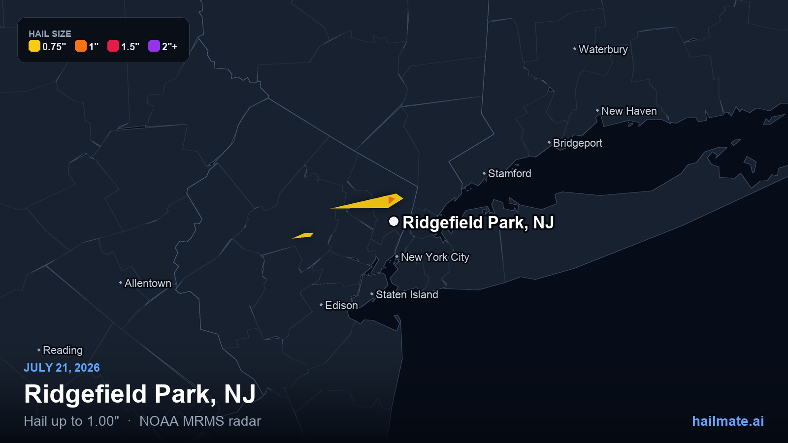 Hail swath map for Ridgefield Park, NJ on July 21, 2026 showing 1.00 inch hail.