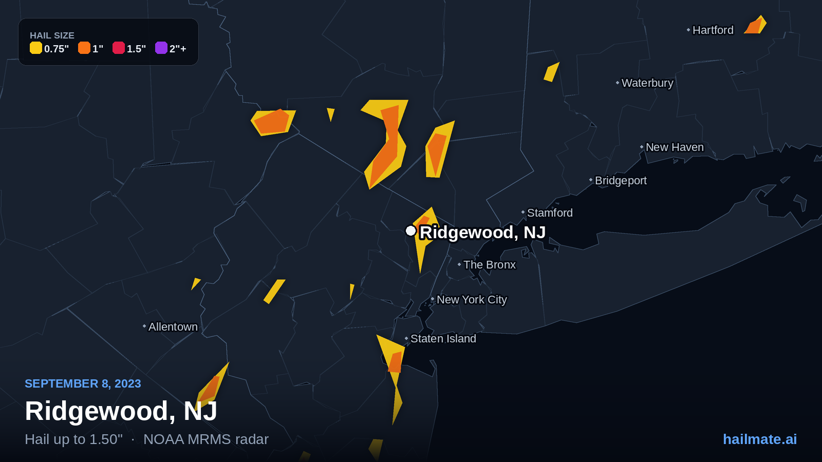 Hail swath map for Ridgewood, NJ on September 8, 2023 showing 1.50 inch hail.
