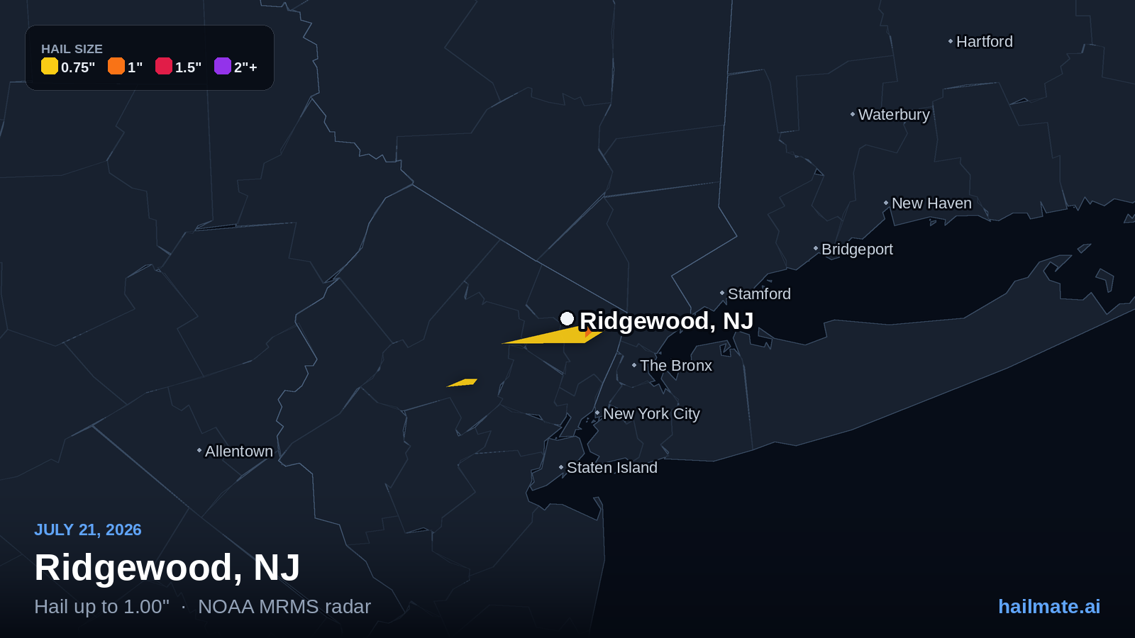 Hail swath map for Ridgewood, NJ on July 21, 2026 showing 1.00 inch hail.